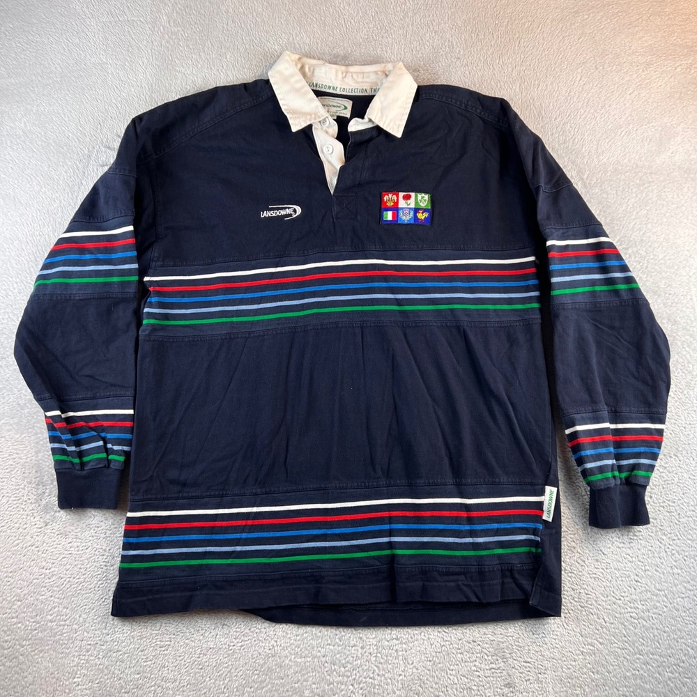 Lansdowne Six Nations Rugby Shirt Mens XXL Navy Blue Striped Long Sleeve Polo